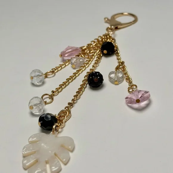 Gold Leaf Heart Beaded Key Chain Pink Black Acrylic Accent for Women - Picture 8 of 8